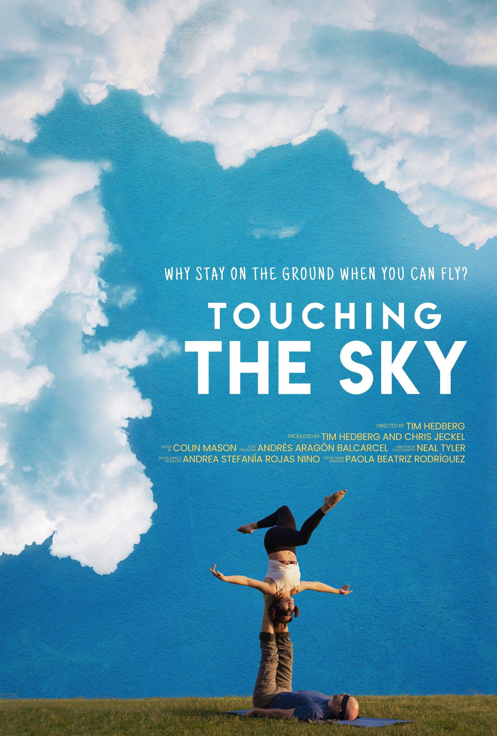 Touching The Sky Documentary Poster showing two acro yogis performing an L-basing free star variation against a blue sky with white clouds